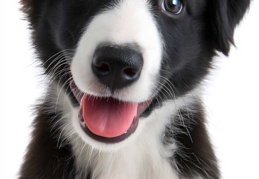 Smiling border collie puppy with open mouth on white background