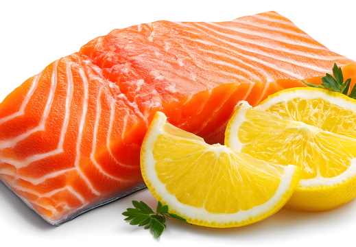 Fresh raw salmon fillet with lemon slices on white background