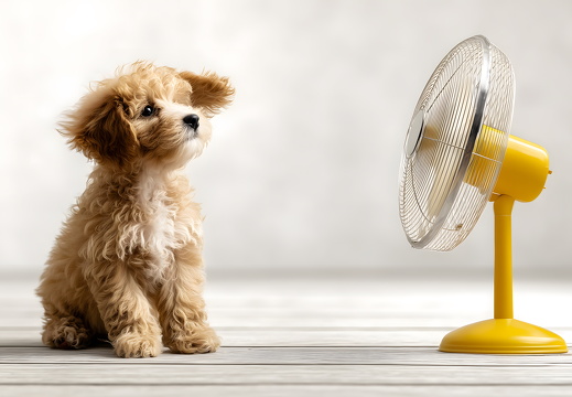 Puppy sitting in front of yellow fan on wooden floor
