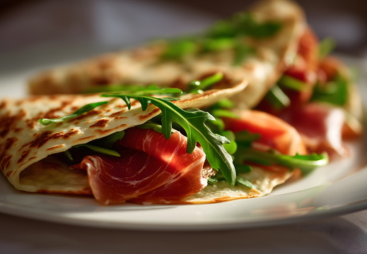 Italian piadina with prosciutto and arugula served on white plate