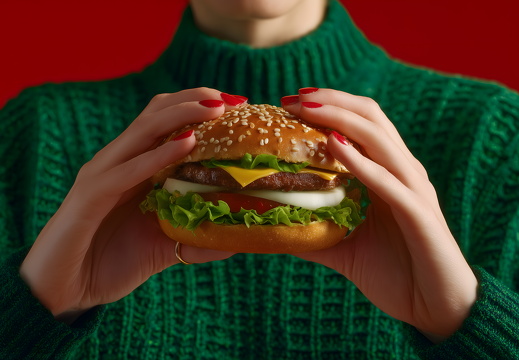 Cheeseburger with lettuce tomato and sesame bun held by woman