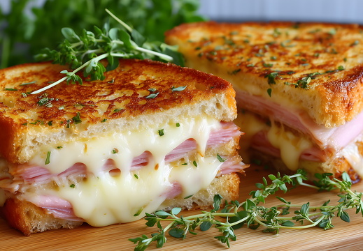 Croque Monsieur sandwich with melted cheese and ham on wooden board