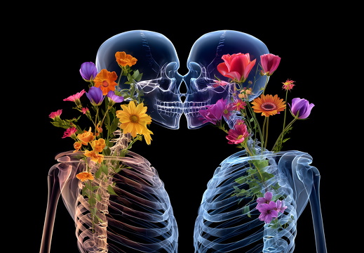 Romantic x-ray skeletons kissing with colorful flowers
