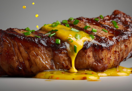 Grilled steak with melted butter and spices dripping off
