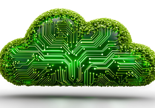 Green cloud computing symbol with circuit board and leaves