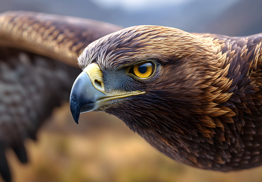 Closeup golden eagle head with sharp beak and focused eye
