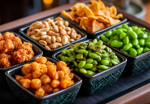 Assorted snacks in six black bowls on wooden tray