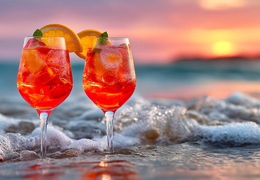 Two Aperol Spritz Cocktails by the Beach at Sunset