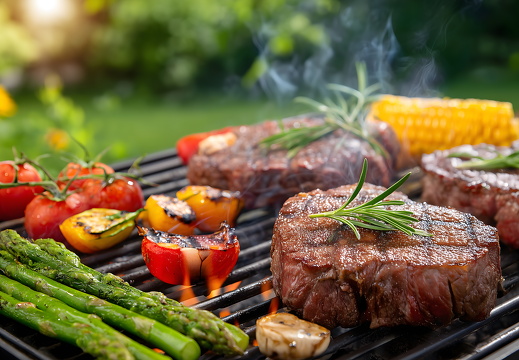 BBQ grill with sizzling steaks and fresh vegetables