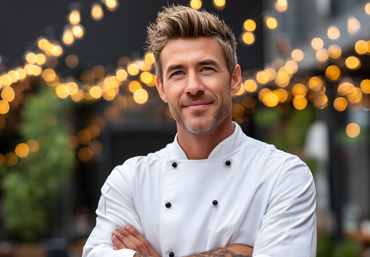 Chef Smiling Outdoors with Bokeh Lights