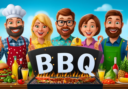 Cartoon BBQ Party with Friends and Grill
