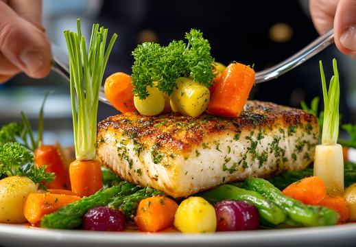 Gourmet fish fillet with fresh vegetables and fine herbs served on plate