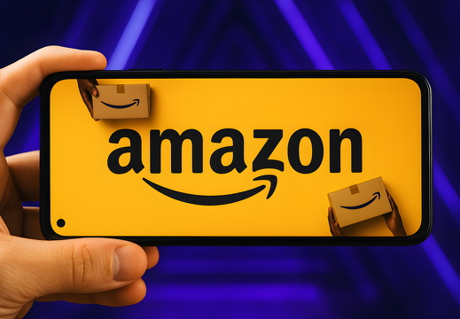 Amazon logo on smartphone with packages delivery and e-commerce concept