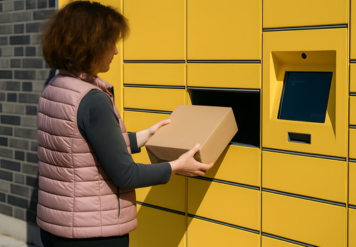 Woman using parcel locker Packstation for contactless pickup and delivery
