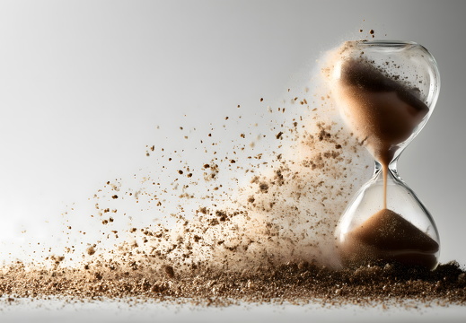 Sanduhr zerfällt in Staub als Symbol für Vergänglichkeit