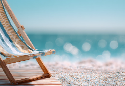 Liegestuhl am Sandstrand mit Blick auf das Meer