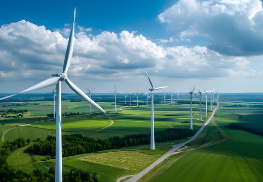Windräder im grünen Windpark unter blauem Himmel