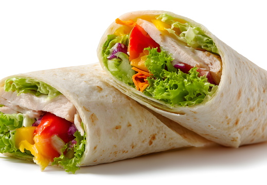 Wrap mit Gemüse und Hähnchen auf weißem Hintergrund