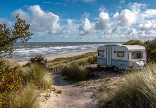 Wohnmobil am Strand von Holland bei sonnigem Wetter