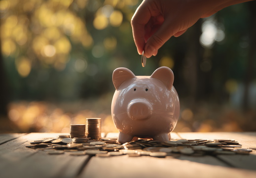 Sparschwein mit Münzen im Sonnenlicht