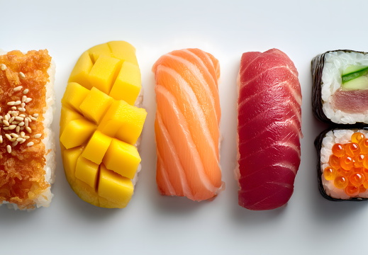 Verschiedene Sushirollen und Nigiri mit Fisch und Mango