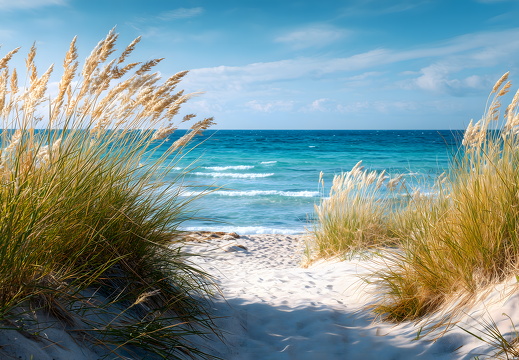 Sandweg zum Meer mit Dünengras und blauem Himmel