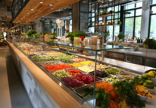 Frische Zutaten in moderner Salatbar mit Selbstbedienung
