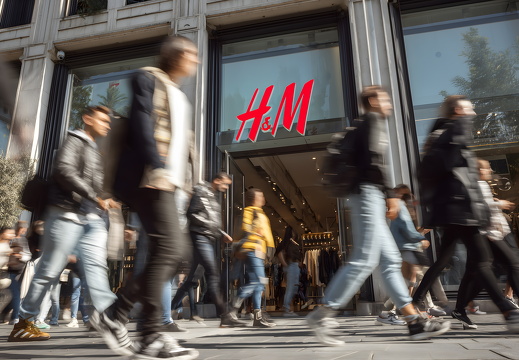 Menschen laufen an H&M Filiale in Einkaufsstraße vorbei