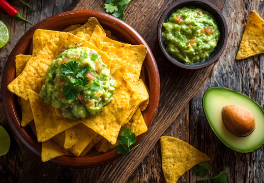 Nachos mit Guacamole und frischer Avocado auf Holztisch