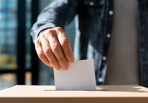 Mann steckt Stimmzettel in Wahlurne mit Tageslicht
