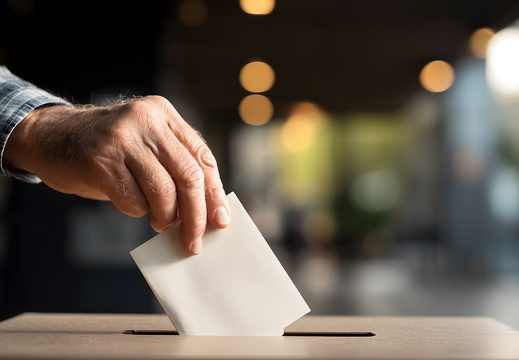 Hand wirft Wahlzettel in Wahlurne bei Stimmabgabe