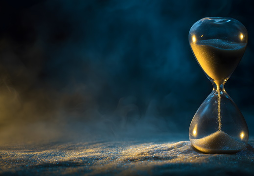 Sanduhr mit Sand und mystischem Licht im Dunkeln