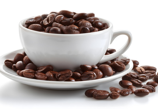 Kaffeetasse gefüllt mit ganzen Kaffeebohnen isoliert auf weiß