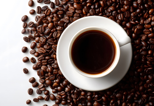 Schwarzer Kaffee in weißer Tasse auf Kaffeebohnen