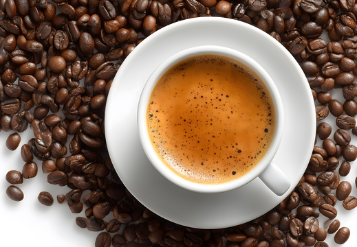 Kaffeetasse mit Crema umgeben von gerösteten Kaffeebohnen