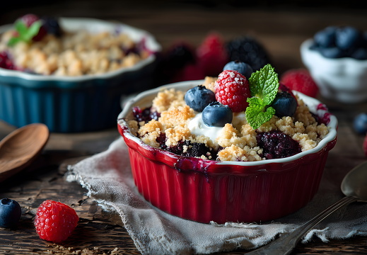Beerencrumble mit Minze und Sahne in roter Backform