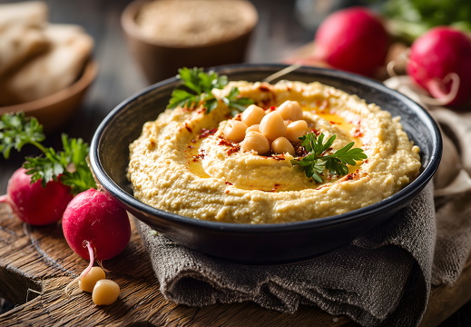 Selbstgemachter Hummus mit Kichererbsen und Radieschen