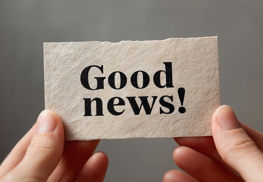 Karte mit Good News Text vor grauem Hintergrund
