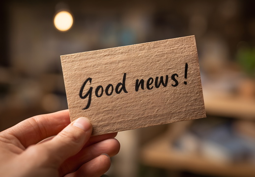 Hand hält Karte mit Aufschrift Good News