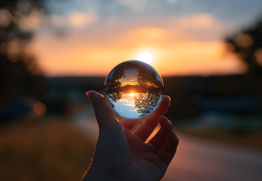 Sonnenuntergang durch Glaskugel in Hand gespiegelt