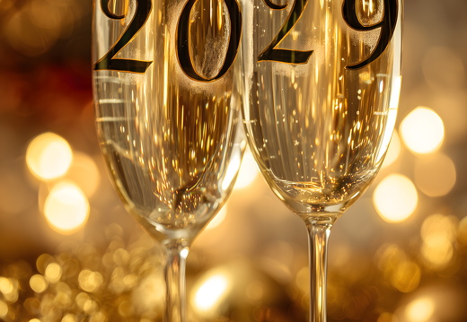 Zwei Sektgläser mit Jahreszahl 2029 auf goldener Kulisse
