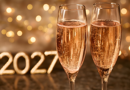 Sektgläser mit goldenem Schaumwein und 2027 im Hintergrund