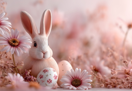 Osterhase mit Ostereiern und rosa Blumen im Frühlingsfeld