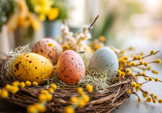 Osternest mit bunten Eiern und Weidenkätzchen im Frühling