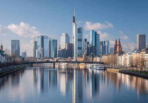 Skyline Frankfurt mit Hochhäusern und Fluss bei Tageslicht