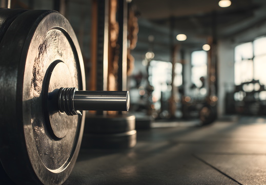 Fitnessstudio Hantel mit Gewichtsscheiben auf Boden bei Sonnenlicht