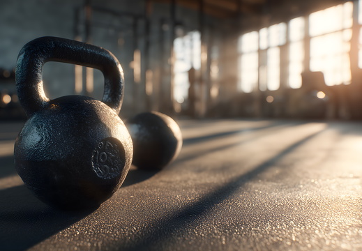 Kettlebell auf Boden im Sonnenlicht im Fitnessstudio