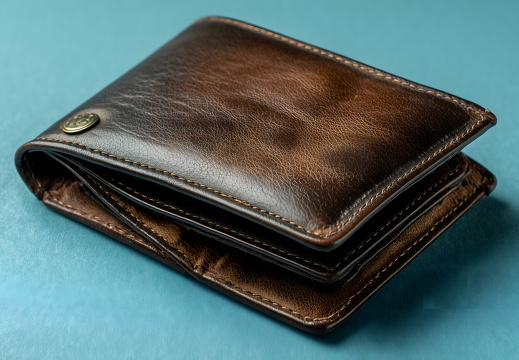 Leere braune Geldbörse auf blauem Hintergrund