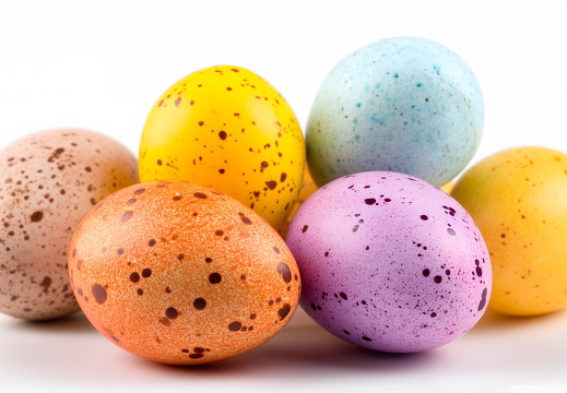 Bunte Ostereier mit Sprenkeln auf weißem Untergrund