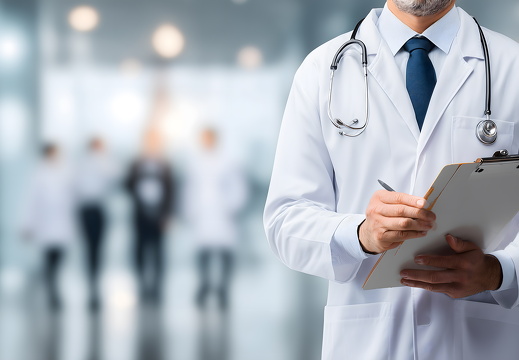 Arzt mit Klemmbrett im modernen Krankenhausflur